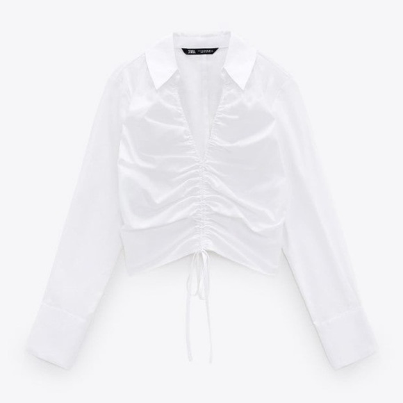 New ZARA WHITE GATHERED POPLIN SHIRT, Medium - Picture 4 of 10